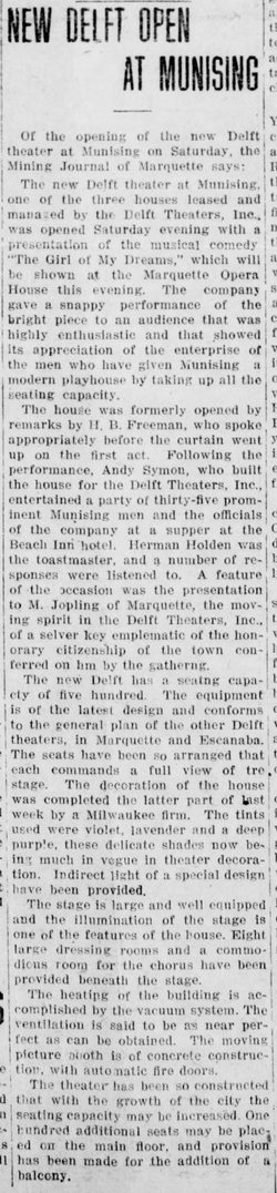 Delft Theatre - 1915 Article On Delft Theatre Opening Mentions Beach Inn